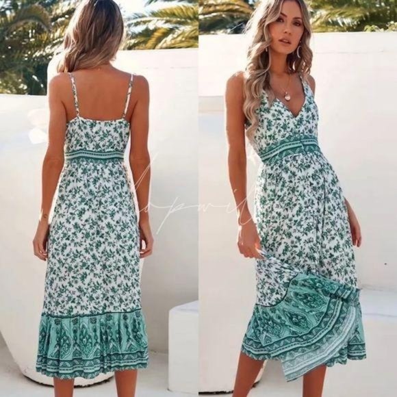 Boho Gypsy Floral Print Maxi Dress Turquoise Blue - Picture 2 of 7